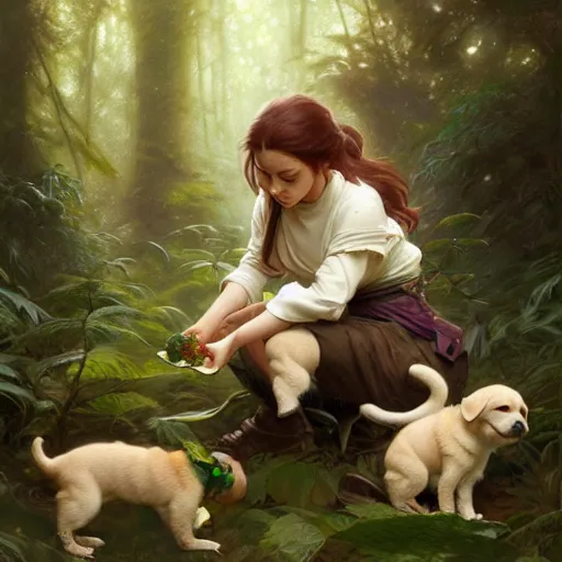 Image similar to photo of a humanoid hiena feeds puppies in the forest, highly detailed, digital painting, artstation, smooth, sharp focus, illustration, art by artgerm and greg rutkowski and alphonse mucha