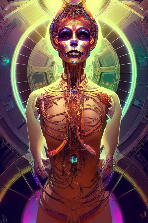 Image similar to ultra detailed Female Android deity, scifi, octane render, (dia de los muertos), asymmetrical, intricate concept art, triadic color scheme, art by artgerm and DZO and greg rutkowski and alphonse mucha and loish and WLOP