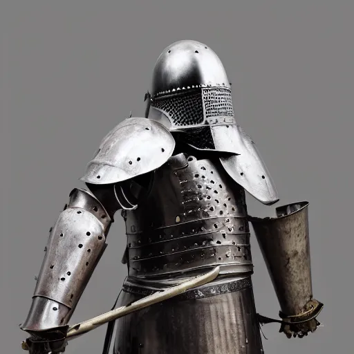 Prompt: one - armed medieval armored knight with a bucket on his head instead of a helmet, highly detailed photography