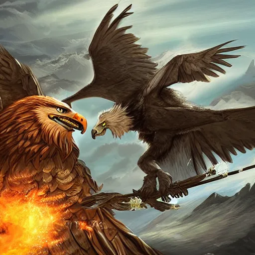 Image similar to epic battle of wolf and eagle in the style by ricardo ow, digital art, highly detailed, fantasy