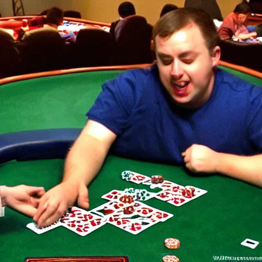 Prompt: down syndrome man winning at poker