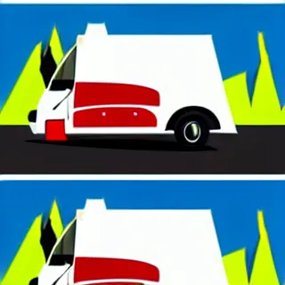 Image similar to very very very stylized minimal vector graphic of a thor chateau motorhome, mountains, highway and sunset!!, white background, dramatic, professional minimal simplified graphic design cartoon, 3 colors!!