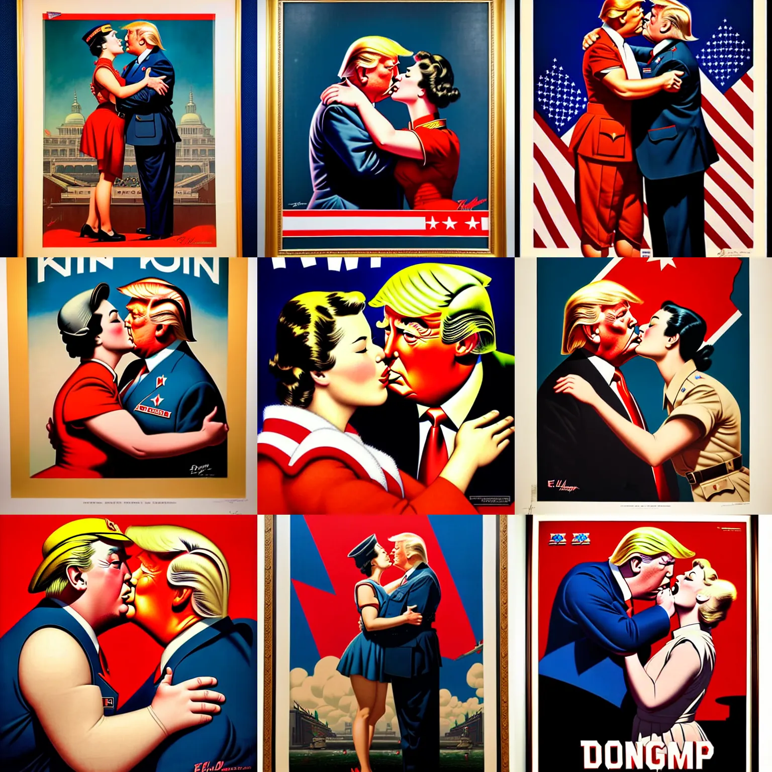 Prompt: a wwii us propaganda portrait of kin jong un kissing donald trump by elvgren and dan mumford