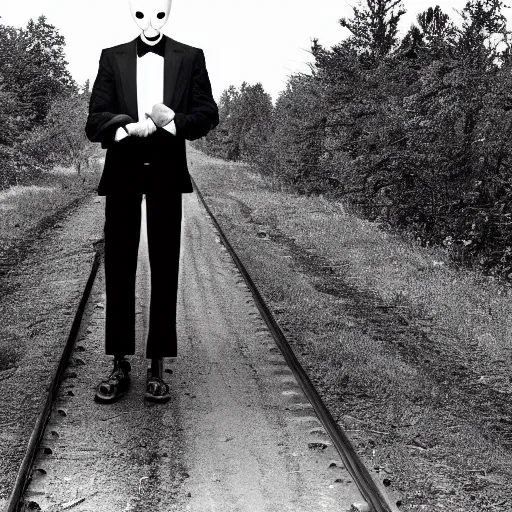 Image similar to black and white photo of slenderman