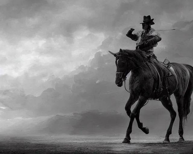 Prompt: a black and white photo of a man on a horse, an ambient occlusion render by frederic remington, cgsociety contest winner, fantasy art, matte drawing, vray, matte painting