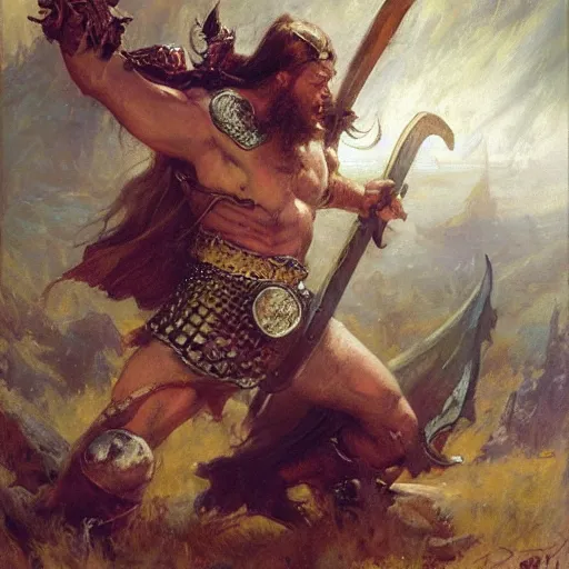 Image similar to viking berserker with a two - meter two - handed sword fighting a dragon, painting by gaston bussiere, craig mullins, j. c. leyendecker