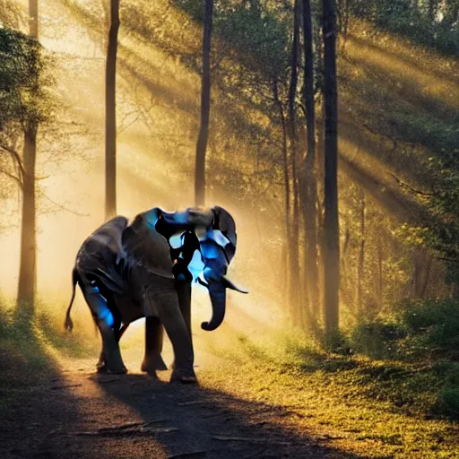 Prompt: An elephant walking in a forest, natural lighting, sunbeams, golden hour, misty atmospherics