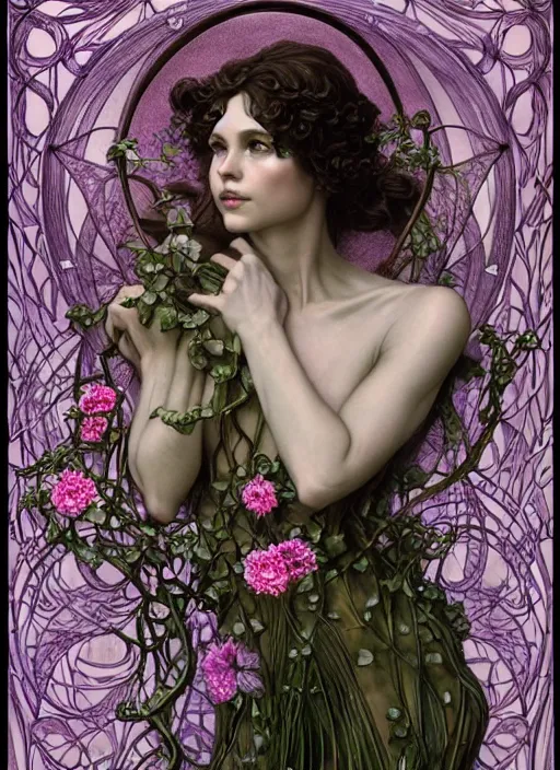 Prompt: beautiful full body art nouveau portrait of a great fairy queen, her body wrapped with ivy vines and flowers, dark fantasy esoteric, D&D, fantasy, cinematic lighting, intricate, elegant, highly detailed, digital painting, artstation, concept art, matte, sharp focus, illustration, art by Artgerm and Tom Bagshaw and Greg Rutkowski and Alphonse Mucha