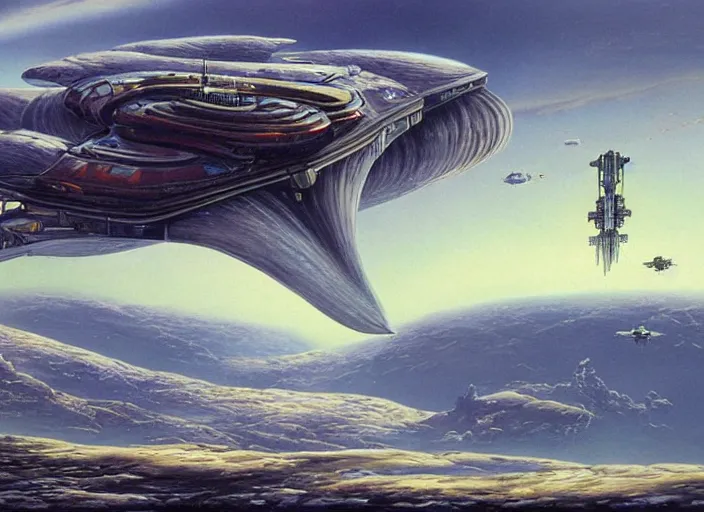 Prompt: a spaceship in a stunning landscape by jim burns