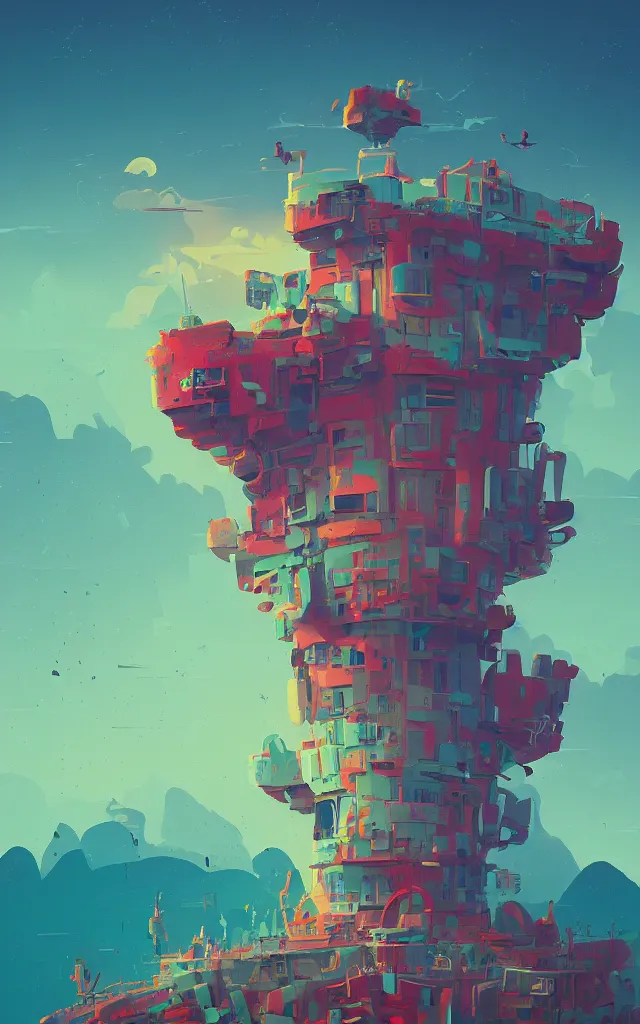 Image similar to a stunning building in a fantastic landscape against a ridiculous sky by Anton Fadeev and Simon Stålenhag