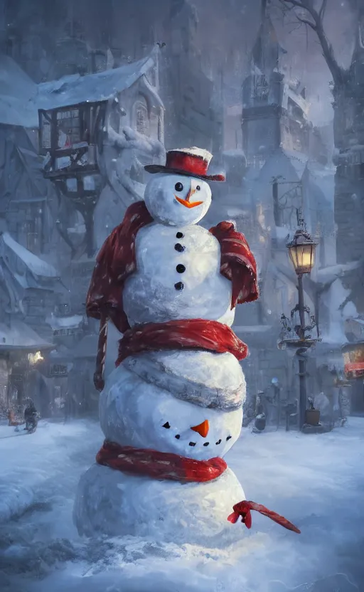 Image similar to a a full body portrait of giant jack frost the snowman in the middle of a village in the snow, dynamic lighting, photorealistic fantasy concept art, trending on art station, stunning visuals, creative, cinematic, ultra detailed