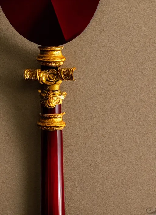 Prompt: 500mm photo of a dark red liquid blade sword with a golden handle, museum exhibit