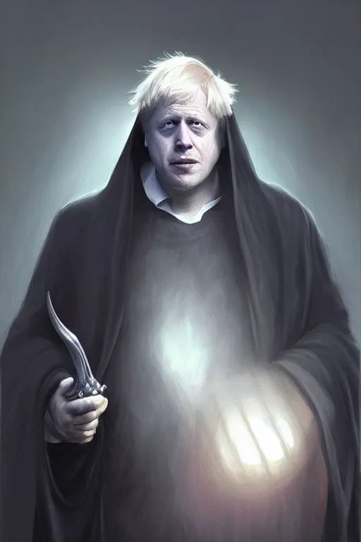 Image similar to Boris Johnson as Grim Reaper, portrait, highly extremely detailed, digital painting, artstation, concept art, very smooth, sharp focus, illustration, cinematic lighting, art by artgerm and greg rutkowski and alphonse mucha