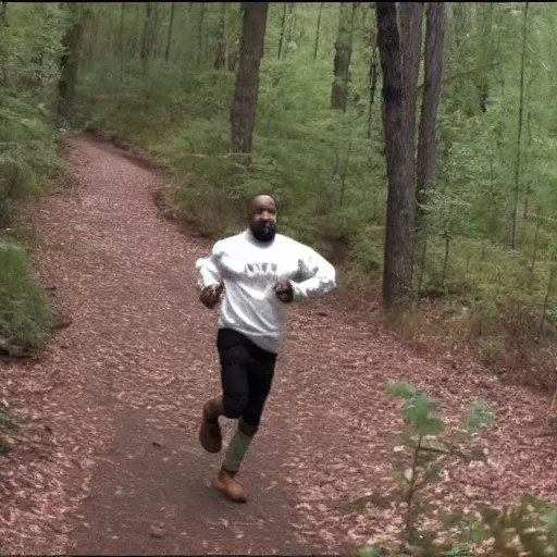 Image similar to trailcam footage of kanye west running in the forest