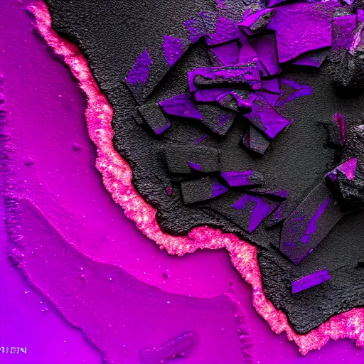 Image similar to statue!!!, purple shattered paint!, glowing lava!!!, (((conglomerate!, slush))), abstract!, black backdrop!, 4k!, award-winning photo!!!!, 33mm!