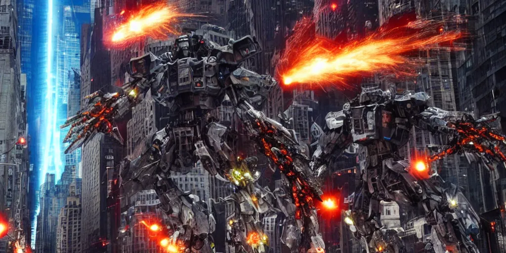 Image similar to A mecha Cyber Kaiju Attacking new york, cinematic, michael bay