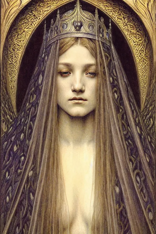 Image similar to detailed realistic beautiful young medieval queen face portrait by jean delville, gustave dore and marco mazzoni, art nouveau, symbolist, visionary, gothic, pre - raphaelite. horizontal symmetry