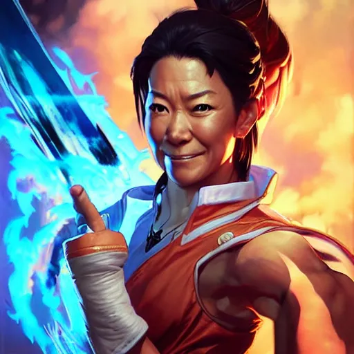 Image similar to michelle yeoh as a street fighter character, cg animation, capcom, realistic, character select portrait, by artgerm, greg rutkowski, alphonse mucha, 3 d