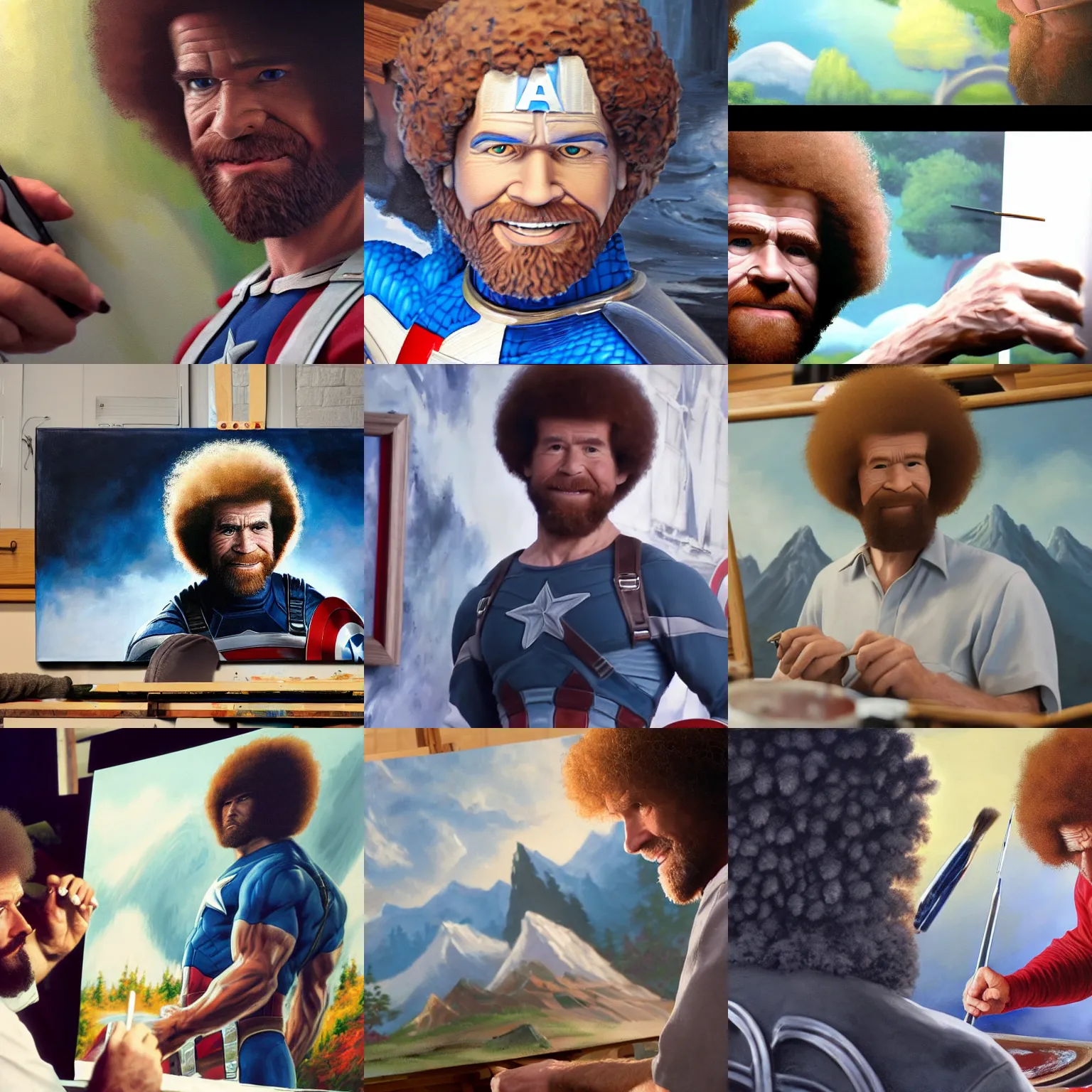 Prompt: a closeup photorealistic photograph of bob ross working on a canvas painting of captain america. film still. brightly lit scene. bob is dressed for work. this 4 k hd image is trending on artstation, featured on behance, well - rendered, extra crisp, features intricate detail, epic composition and the style of unreal engine.