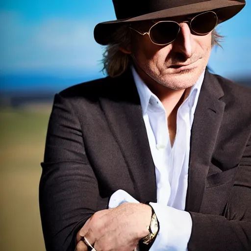 Prompt: film still, extreme long shot, of an enigmatic mysterious man, making a smuck smile, face unseen by wearing a luxury designer fedora and chopard sunglasses, expensive outfit, elegant, casual, intricate, symmetrical, rich moody colors, by annie leibovitz, canon eos 5 d mark iv camera