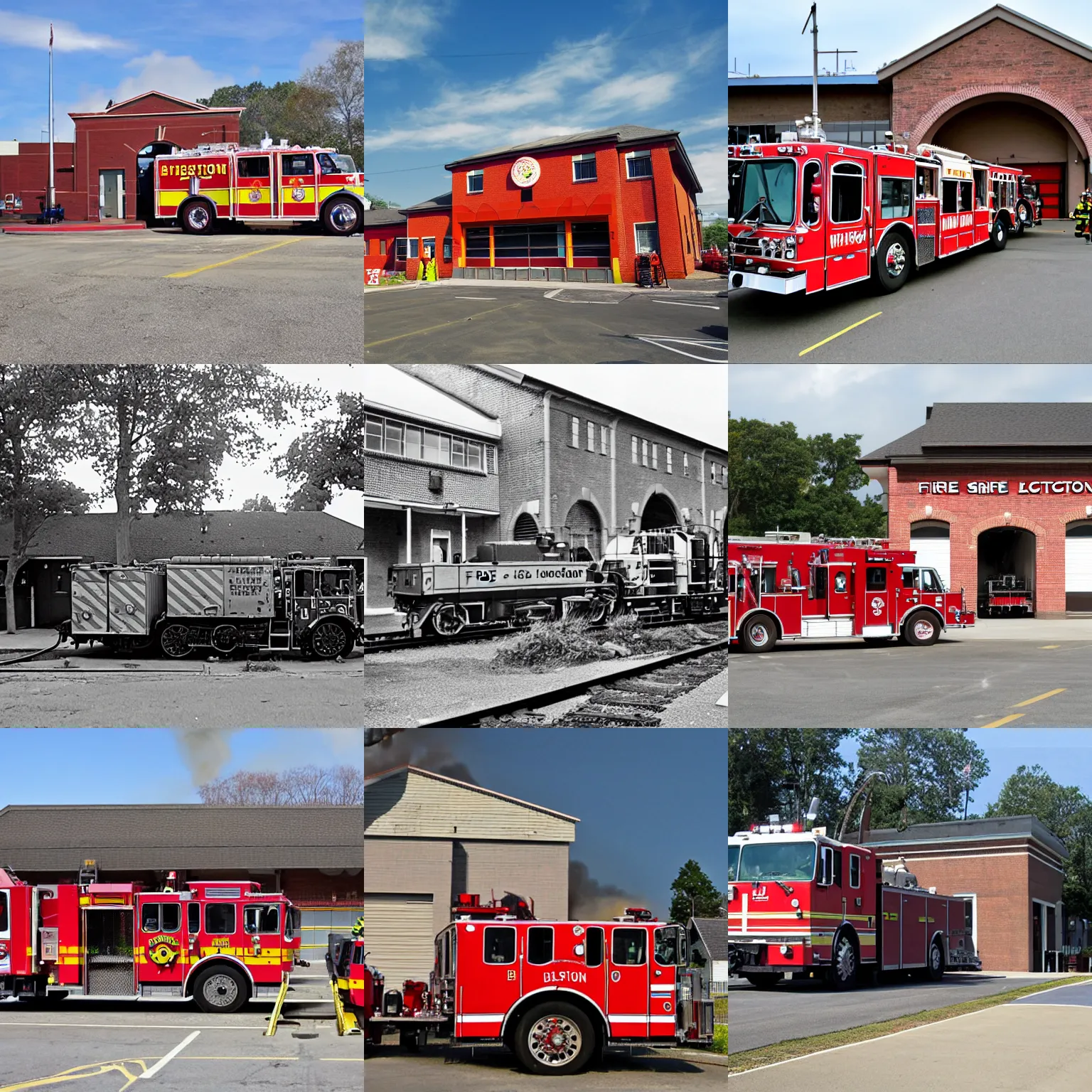 Prompt: a fire station, with a locomotive parked outside