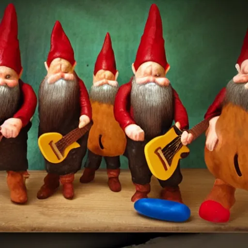 Image similar to gnomes playing in a band, musical instruments,