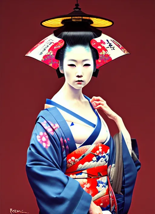 Image similar to sensual japanese geisha wearing vr eyepiece, intricate geisha kimono, robotic, android, cyborg, cyberpunk face, steampunk, fantasy, intricate, elegant, highly detailed, colorful, vivid color, digital photography, cool warm lighting, artstation, art by artgerm and greg rutkowski and ruan jia,