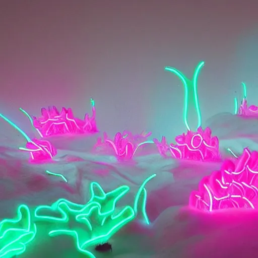 Image similar to neon fungi glowing with pink and cyan colors, emitting spores, midnight, fantasy, hyperrealistic, detailed, soft lighting, fireflies