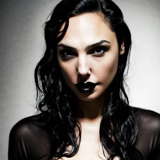 Image similar to gal gadot as a goth woman, close up shot, black hair, pale skin, sensual, beautiful soft light failling on her face, studio photography, nikon 3 5 mm portrait photography, ultra realistic