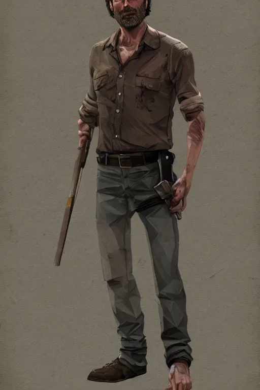 Image similar to rick grimes paper craft low poly, the walking dead scene, full body shot, poster, fantasy, medieval, vivid colors, elegant, concept art, sharp focus, digital art, Hyper-realistic, 4K, Unreal Engine, Highly Detailed, HD, Dramatic Lighting by Brom, trending on Artstation