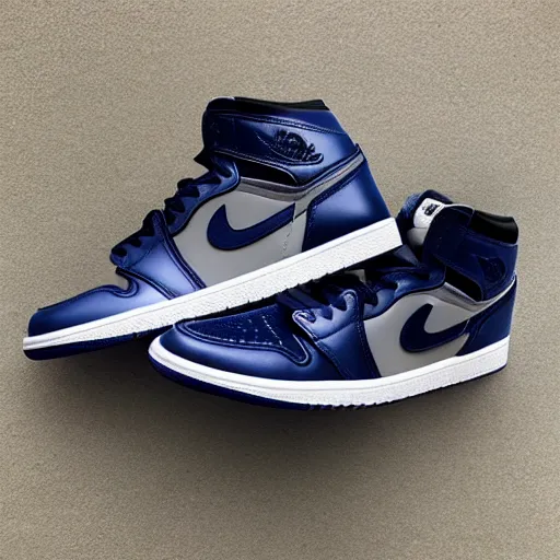 Prompt: “Air Jordan 1, navy blue and grey colorway”