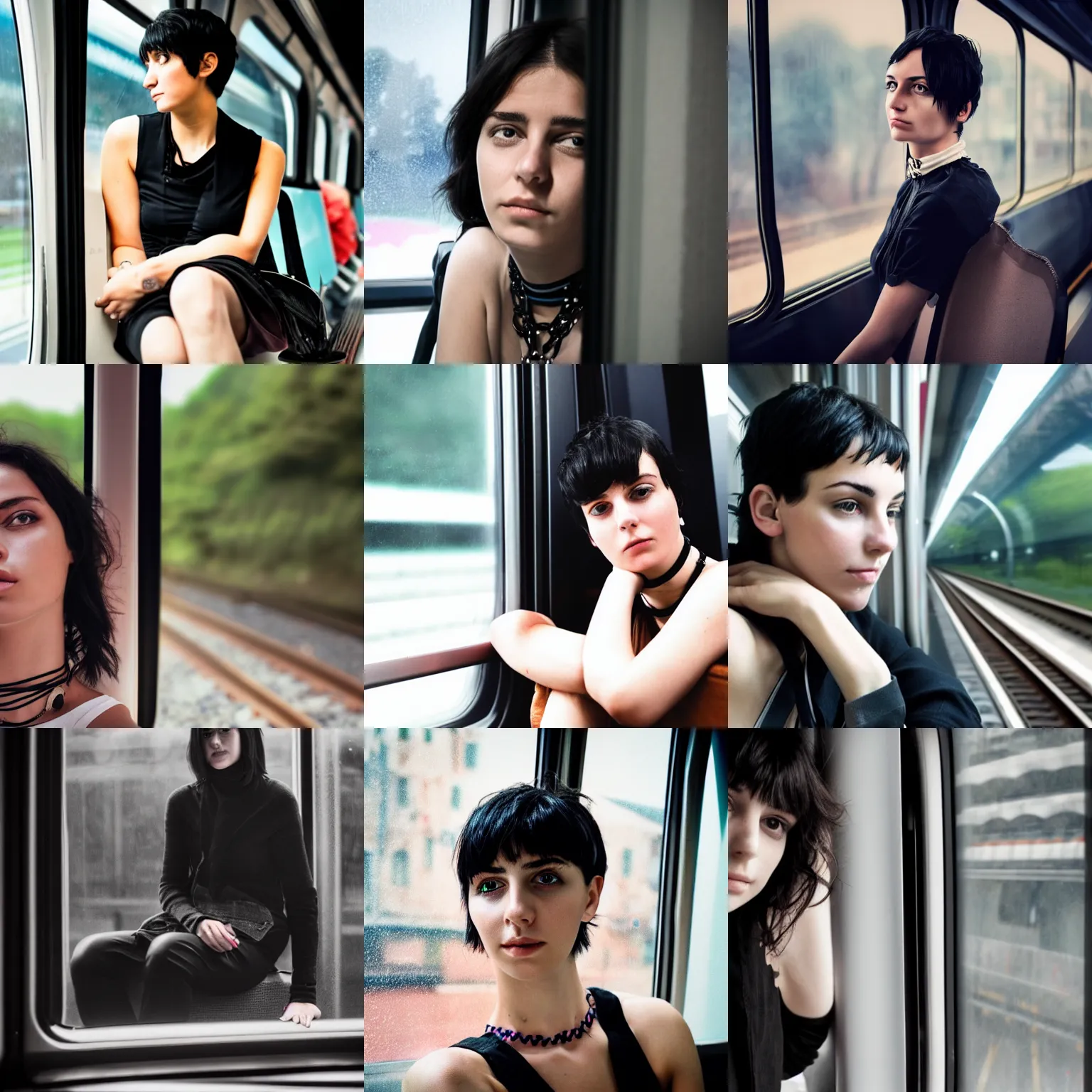 Prompt: an Italian girl with short black hair a chocker and black clothes without make-up is sitting on the train waiting, leaning on the train window and looking outside, professional photography NIKON Artstation realistic portrait