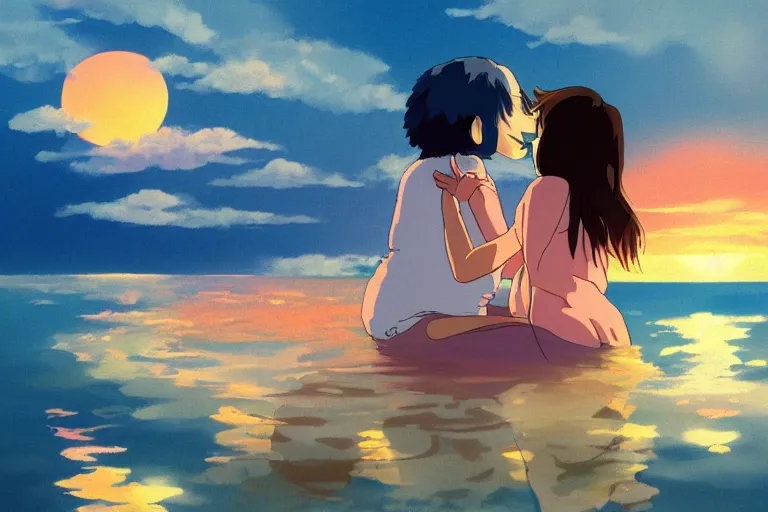 Image similar to a dreamy studio ghibli painting of a duck and a woman hugging each other near the water during a beautiful sunset, in the style of studio ghibli, highly detailed, 4K, smooth, trending on artstation