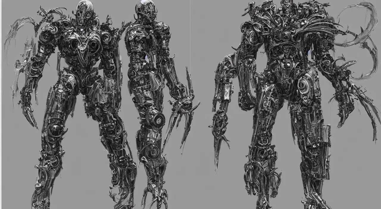 Prompt: full page scan of 1 7 0 0 concept art, occult robot armor, character design, symmetrical fullbody rendering, bliblical, inspired by elden ring, by hr giger, sadan vague, yoji shinkawa, craig mullins, emil melmoth, artstation, highly detailed, 4 k post - processing, 8 k resolution + dof