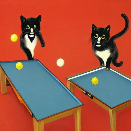 Image similar to two cats playing ping - pong on orange background, oil painting