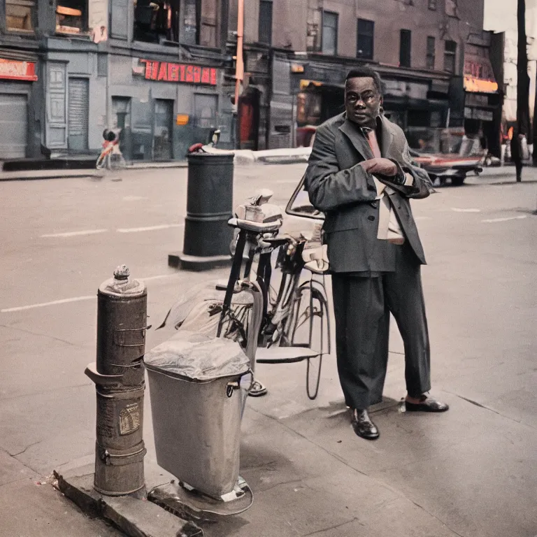 Prompt: medium format film night flash portrait of man in harlem by street photographer, 1 9 6 0 s hasselblad film photography, featured on unsplash, photographed on vintage colour film