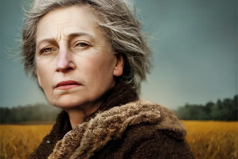 Prompt: a highly detailed cinematic headshot portrait of a frozen middle aged woman stood in a field, field on fire, ultra realistic, depth, beautiful lighting, by annie leibovitz, photorealistic, hyperrealistic, octane, masterpiece