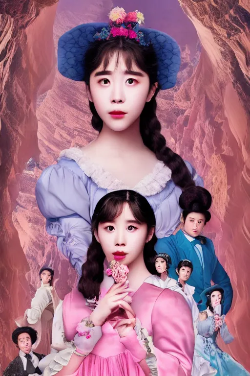 Prompt: portrait of IU from Hotel del Luna, vaporwave mixed with Victorian era aesthetic, masterpiece, set on Antelope canyon