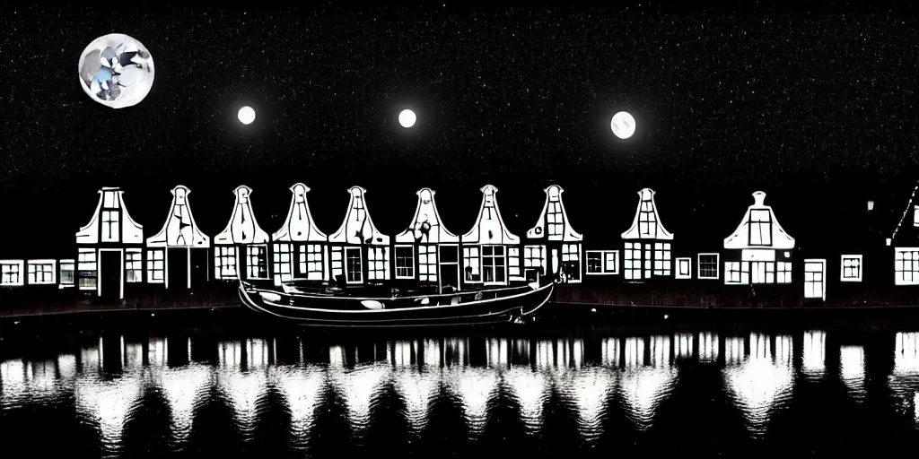 Image similar to Dutch houses along a river, silhouette!!!, Circular white full moon, black sky with stars, lit windows, stars in the sky, b&w!, Reflections on the river, a man is punting, flat!!, Front profile!!!!, high contrast, HDR, concept art, street lanterns, 1904, Style of Frank Weston, illustration