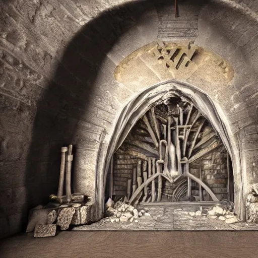 Image similar to the mines of moria made out of cheese. ultra realistic 8k render,