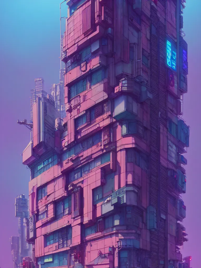 Prompt: A beautiful facade of the cyberpunk, watercolor by Laurie Greasley, octane render, zbrush, extremely detailed, pastel colors, architecture drawing, drawing, line drawing, trending on artstation, studio Ghibli color scheme