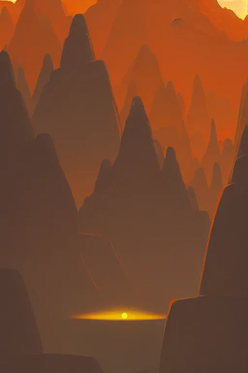 Prompt: tibetan stupas glowing orange in canyon, geometric lines in the sky, floating planets, dramatic lighting, artstation, matte painting, ralph mcquarrie, simon stalenhag