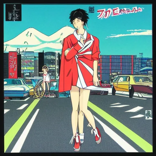 Prompt: album - cover of a 1 9 8 0 s japanese city - pop record featuring an anime illustration by akira toriyama. cute stylish woman ; sports car ; neon ; urban summer drive.