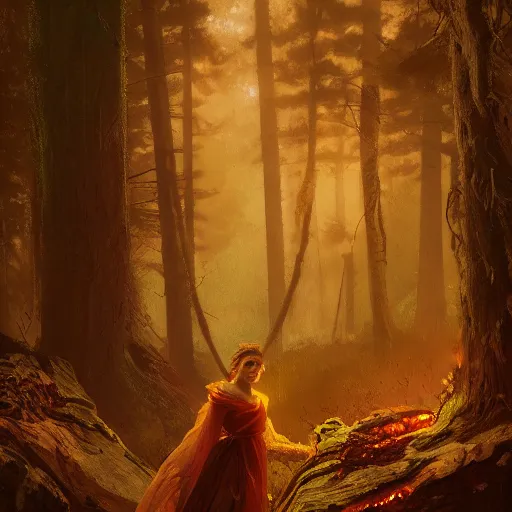 Image similar to epic portrait wildfires happening in an forest, glowing, foggy, digital painting, artstation, concept art, soft light, hdri, smooth, sharp focus, illustration, fantasy, intricate, elegant, highly detailed, D&D, matte painting, in the style of Greg Rutkowski and Alphonse Mucha and artemisia, 8k, highly detailed, jurgens, rutkowski, bouguereau, pastoral, rustic, georgic, detailed concept art, illustration, colorful pastel, painting, detail, ultra detailed, digital art, 4K,