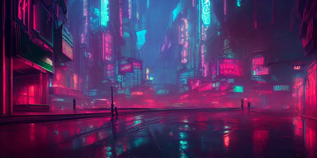 Prompt: concept art, octane render, a brooding, dystopian city, reflections, volumetric pastel neon lighting, dramatic, emerald red neon glow, 8 k, ultra - hd, insanely detailed and intricate, hypermaximalist, elegant, ornate, by gerald brom, by syd mead, akihiko yoshida, doug chiang, cinematic