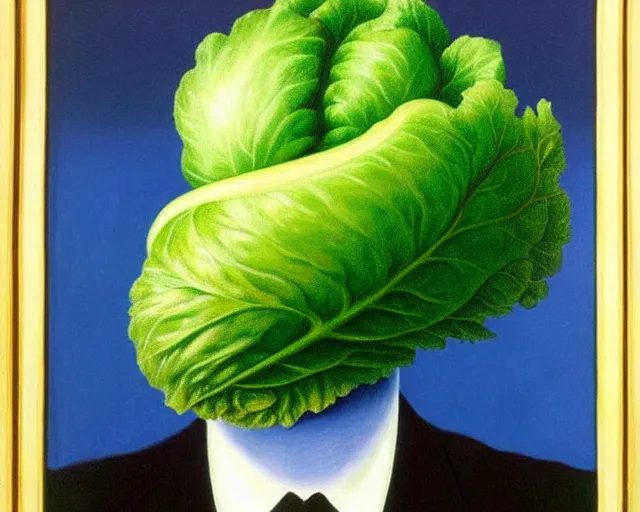 Prompt: a magritte painting of a head of lettuce