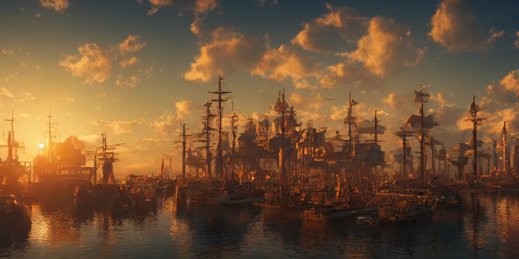 Image similar to a cinematic frame of a steampunk harbor at sunset, beautiful clouds in the sky, gold and copper color scheme hyperdetailed, 8 k