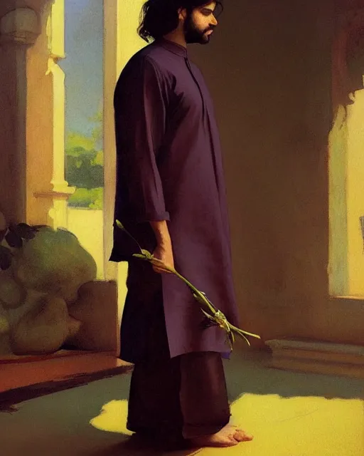 Prompt: a guy in a kurta waiting for his love to come, holding flowers, art by greg rutkowski, gustave courbet, rosa bonheur, edward hopper. faithfully depicted facial expression, perfect anatomy, sharp focus, global illumination, radiant light, detailed and intricate environment, trending on artstation
