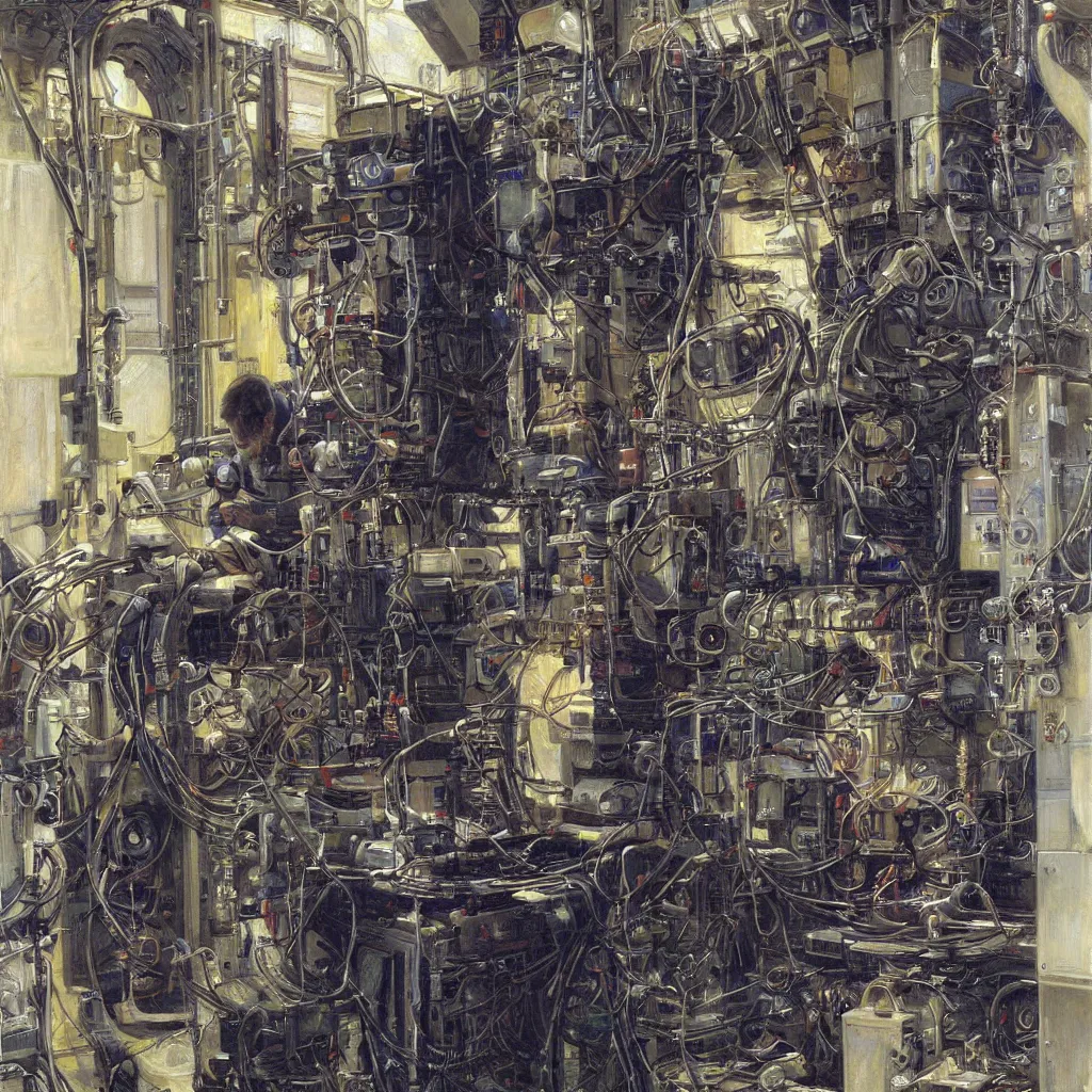 Image similar to painting by donato giancola, portrait of a cyberpunk technician engineer