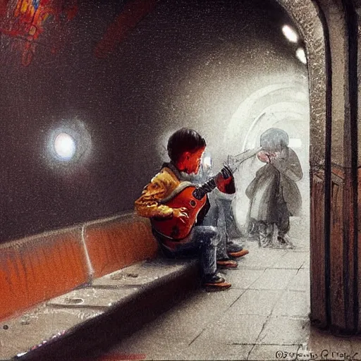 Image similar to inside the paris subway a child is putting his finger in the nose, a musician is playing. by greg rutkowski